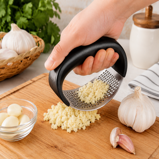 A hand holding a garlic press grater over a wooden cutting board, pressing garlic cloves to release minced garlic. A whole garlic bulb, a garlic clove, a small glass bowl of peeled garlic, and green herbs are visible in the kitchen setting.