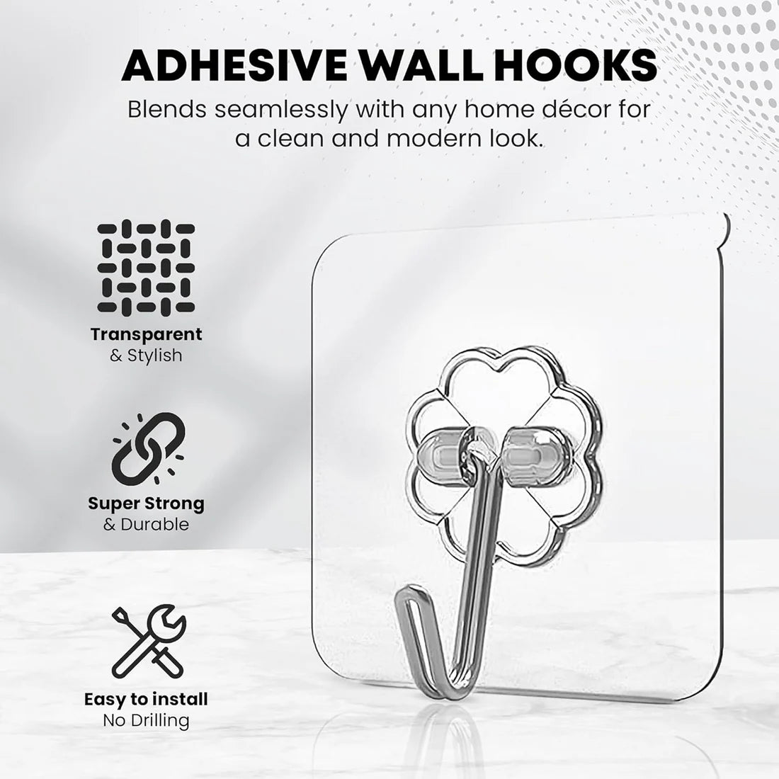 No-Drill Adhesive Wall Hooks (Set of 10) — Waterproof & Reusable