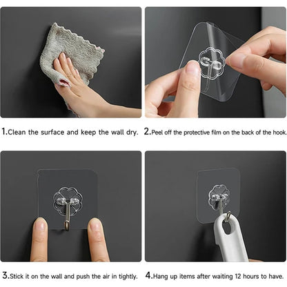 Step-by-step guide on how to use a wall hook with text instructions.