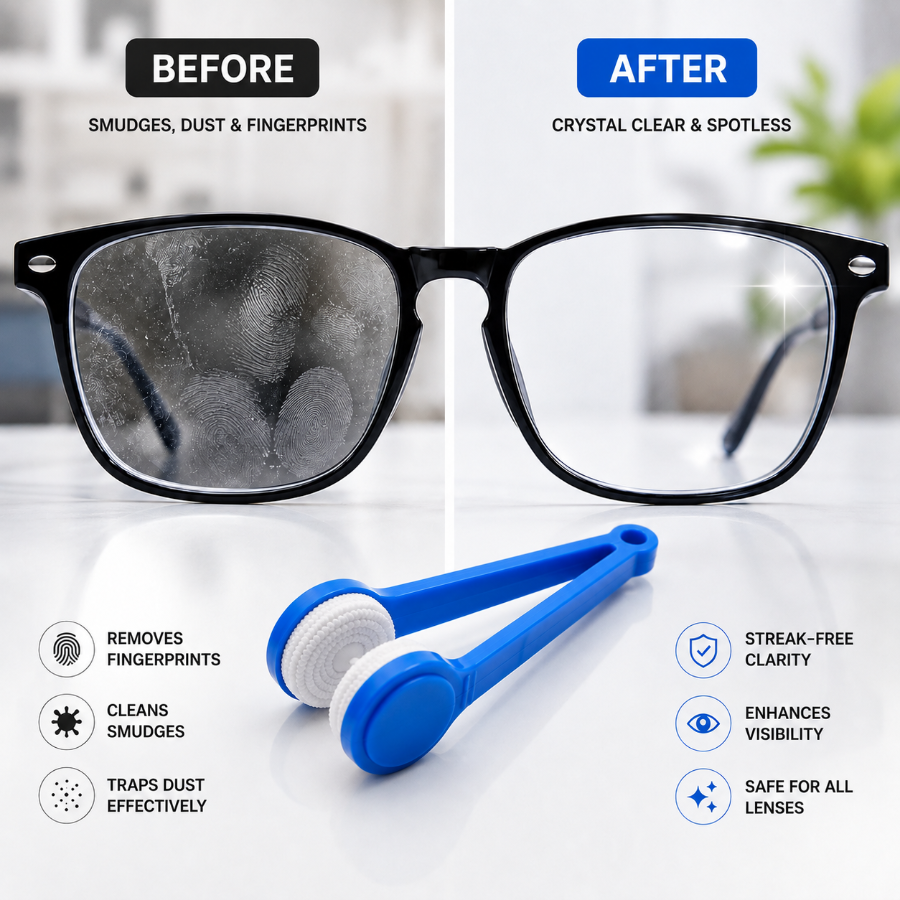 A split-screen comparison showing eyeglass lenses before and after cleaning. The left side is labeled BEFORE and shows a fingerprint-covered black-framed lens; the right side is labeled AFTER and shows a clear, spotless lens.